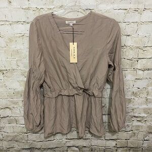NWT Gilli Tan Faux Wrap Stretch Waist Balloon Sleeve Top
